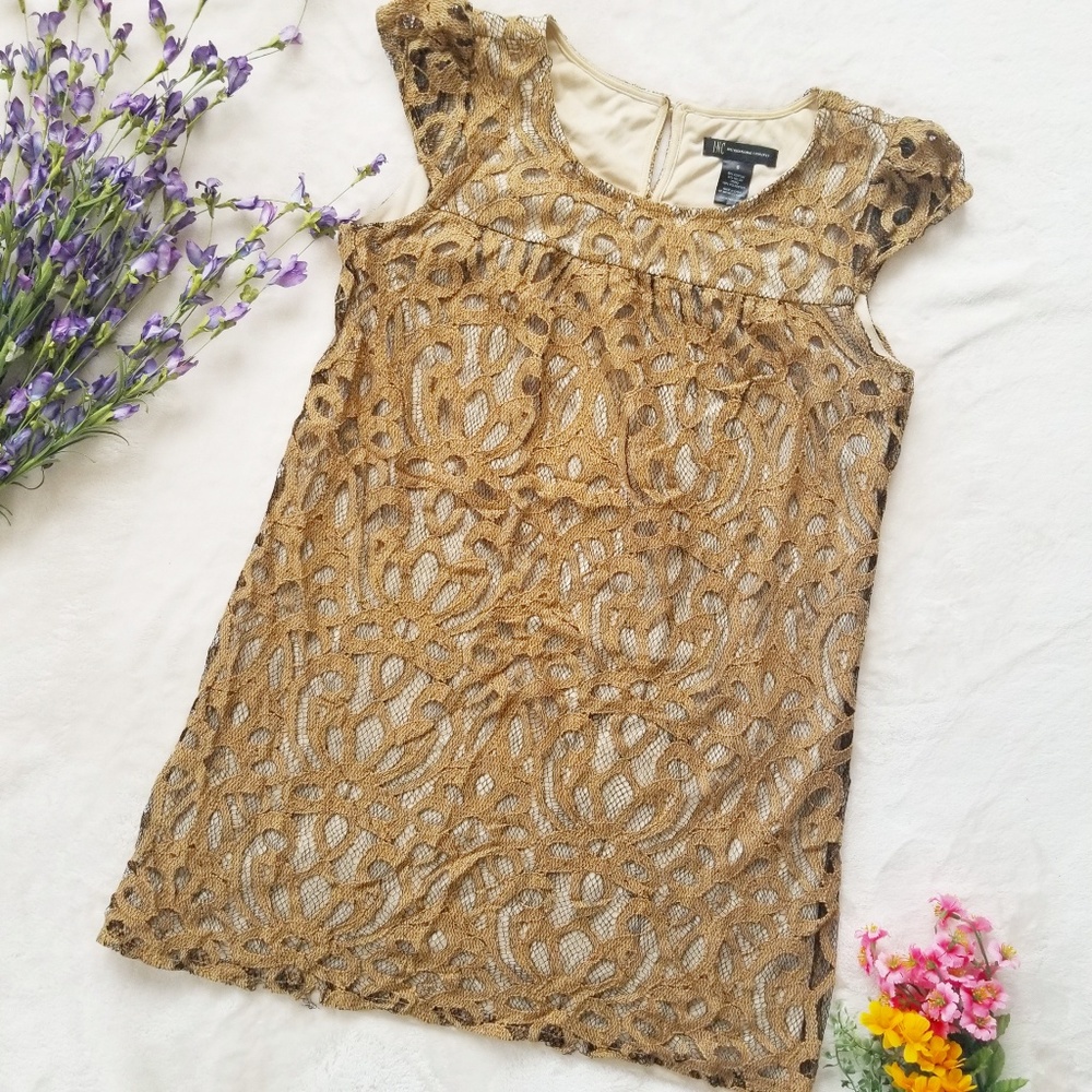 INC Women's Gold Lace Shift Dress Size 8 Lined